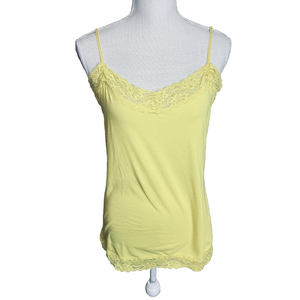 Y2K Butter Yellow Tank top Lace Trim cami Coquette sz L summer layering